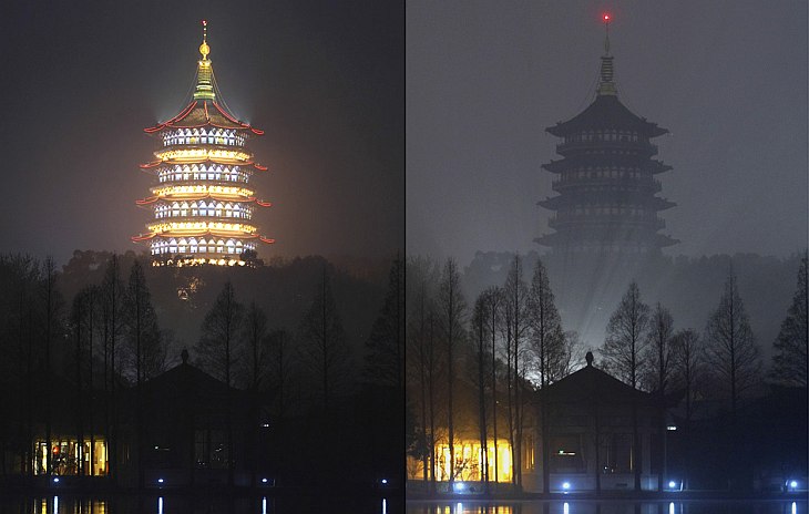 В 20:30 было выключено освещение пагоды Лэйфэн — пятиэтажной восьмиугольной высокой башни в провинции Чжэцзян