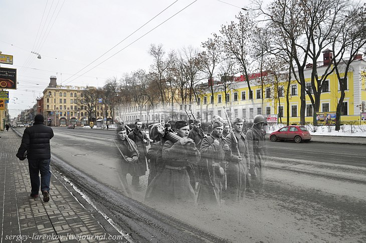 Ленинград 1942 — Санкт-Петербург 2013. Загородный проспект. Пулеметчики на пути к фронту