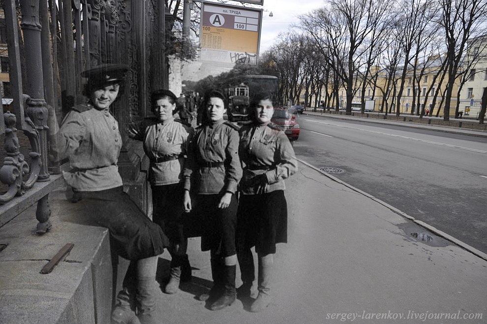 Ленинград 1943 — Санкт-Петербург 2012. Девушки бойцы МПВО на бульваре Профсоюзов (Конногвардейском)