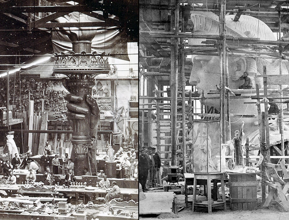 Слева: рука и факел Статуи Свободы создаются в студии в Париже, 1876 год. Справа: идет создание головы Статуи Свободы в парижской студии, 1880 год