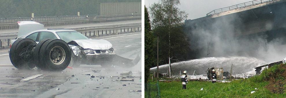 26 de agosto de 2004, perto de Colônia, na Alemanha ocidental a partir da ponte altura Wiehltal de 100 metros caiu petroleiro transportando 32 mil litros de combustível