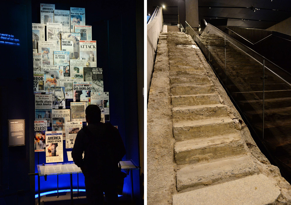 Слева — газеты того времени, справа — так называемая «лестница выживших», по которой бежали вниз спасавшиеся из башни люди