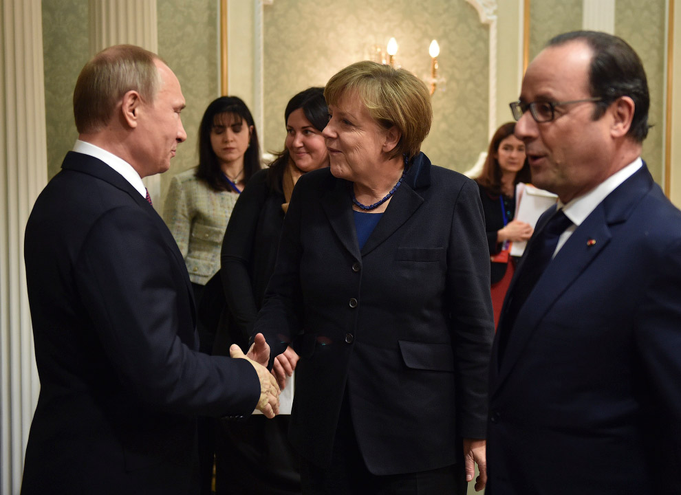 Владимир Путин, Ангела Меркель и Франсуа Олланд