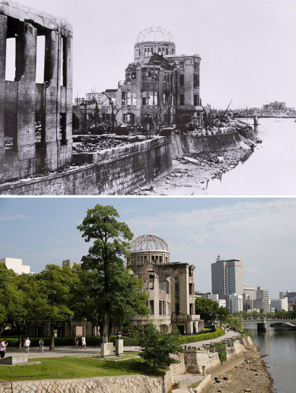 Хиросима в октябре 1945 года и то же место 28 июля 2015