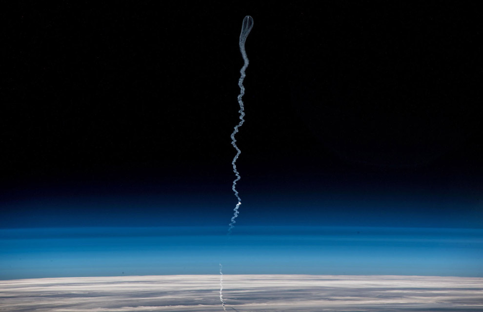 Так из космоса выглядел запуск ракеты «Союз МС-11»
