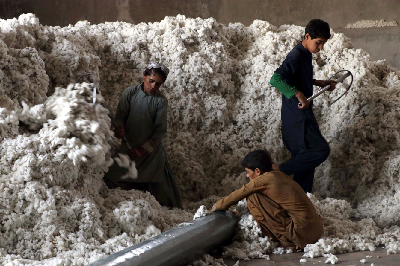 Маленькие работники сортируют хлопковые мешки на фабрике в Кандагаре